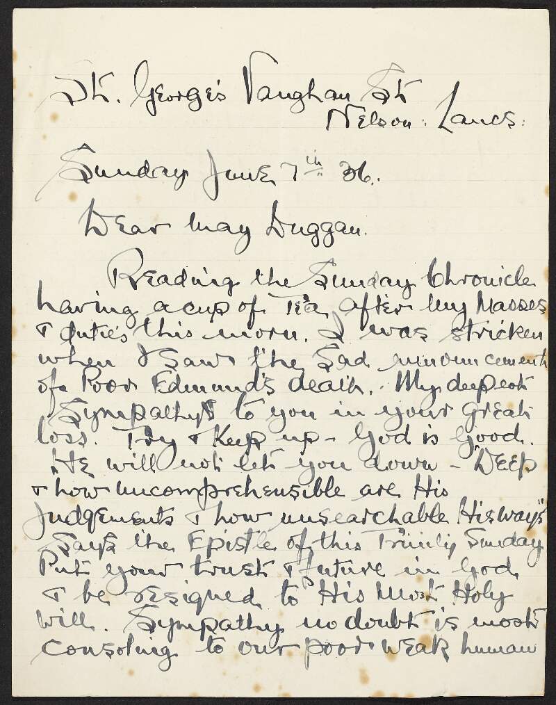 Letter from Laurence Casey to May Duggen expressing his deepest sympathy following the death of her husband, Éamonn Duggan,