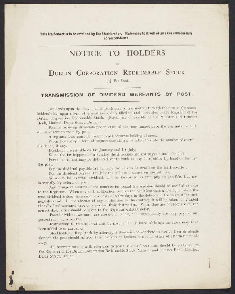 Notice to Holders of Dublin Corporation redeemable stock,