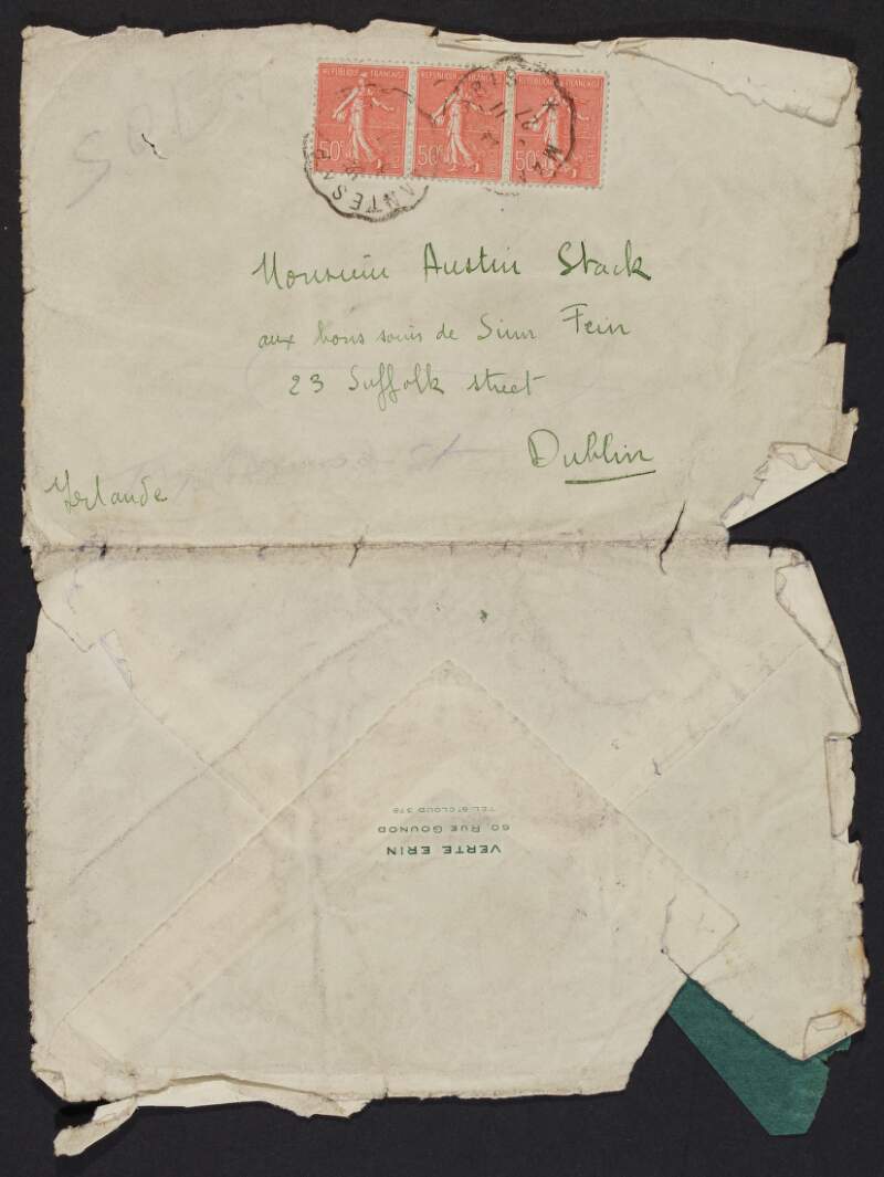 Letter from Étiennette Beuque, Verte Erin, 60 Rue Goundo, Paris, to Austin Stack regarding his relationship with Terence MacSwiney,