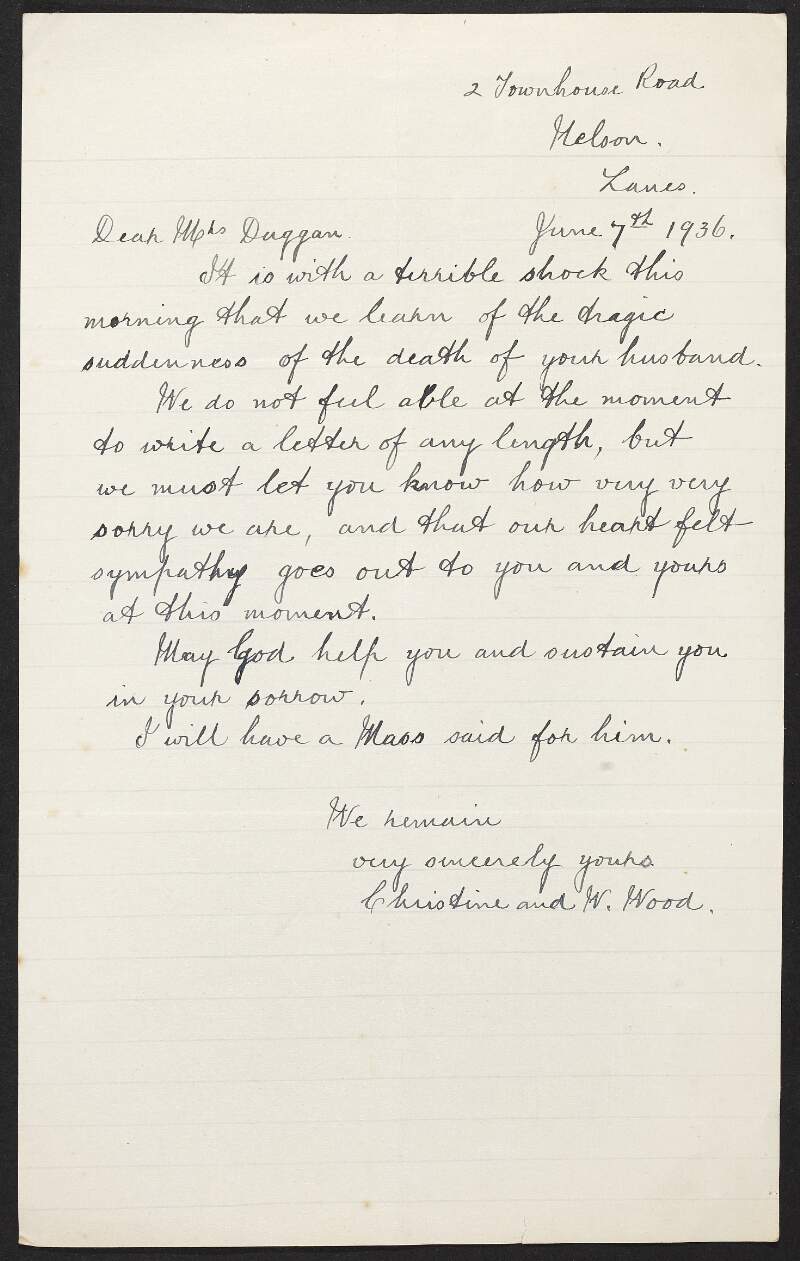 Letter from Christine and W. Woods to May Duggan expressing his sympathy over the death of her husband, Éamonn Duggan,