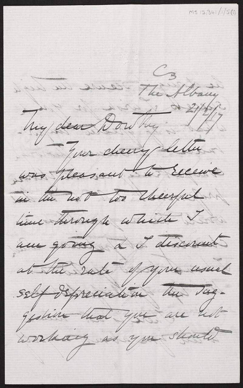 Letter from Sir Matthew Nathan to Dorothy Stopford Price with references to Nathan's work and a conversation with David Lloyd George and Edward Carson regarding Ireland,