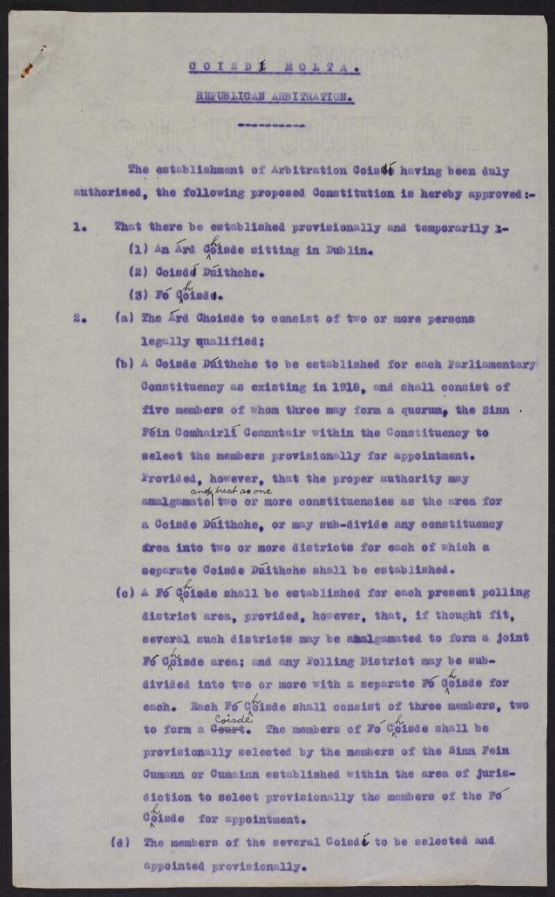 Draft scheme "Coisdí Molta. Republican Arbitration.",