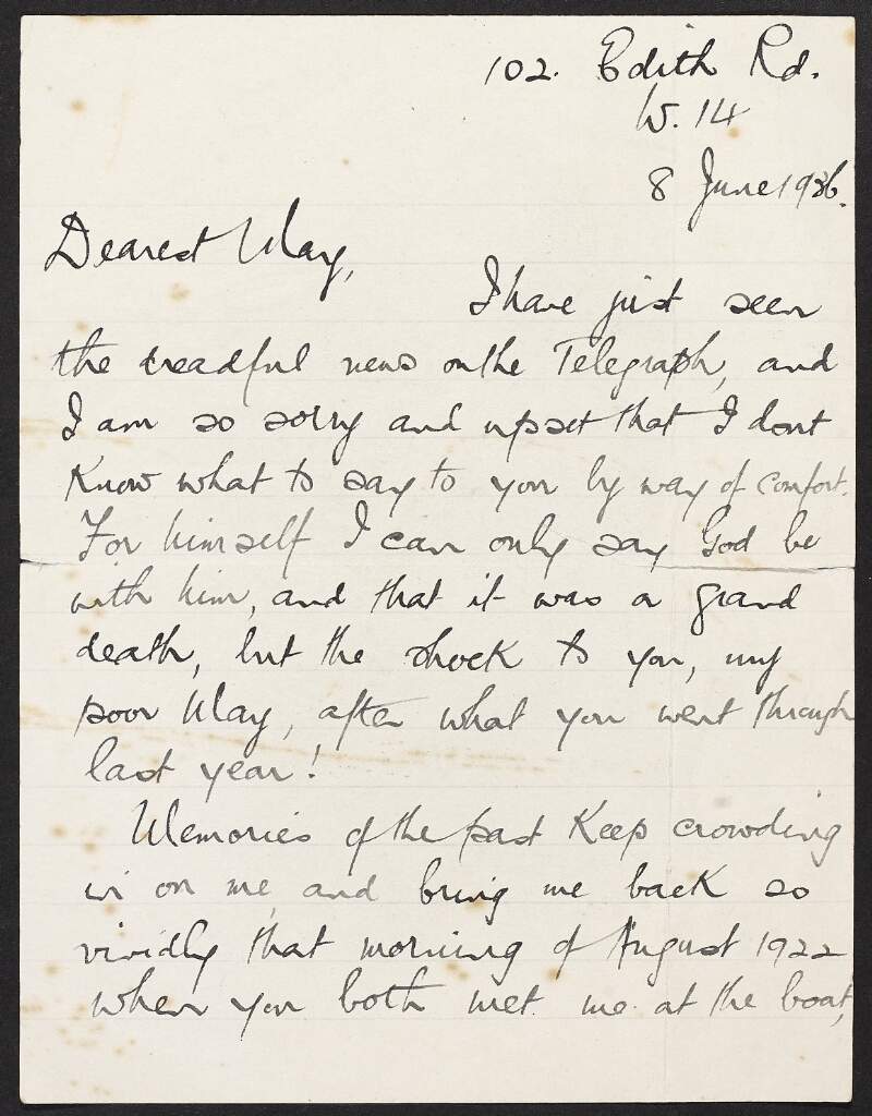 Letter from Collie [?] to May Duggan regarding the death of her husband, Éamonn Duggan,