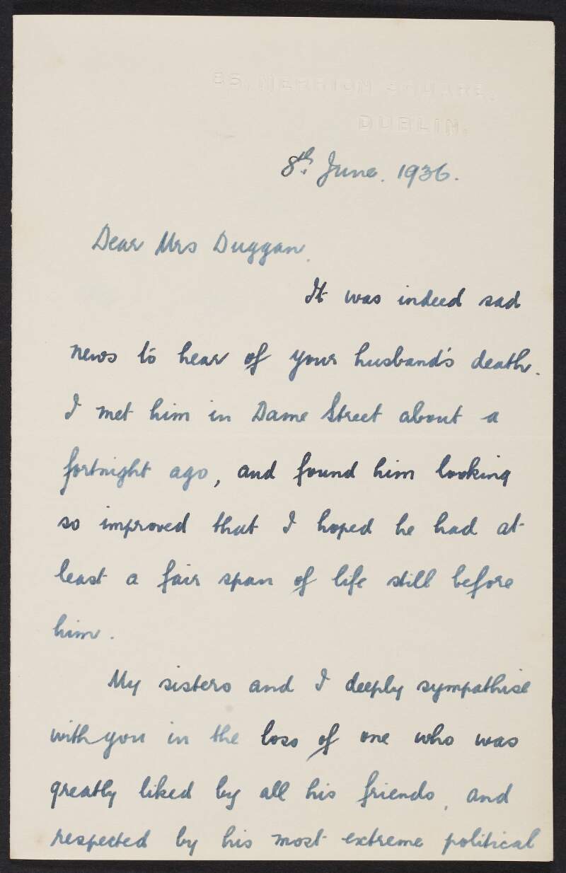 Letter from John H. Hutchinson, Merrion Square, Dublin to May Duggan regarding the death of her husband, Éamonn Duggan,