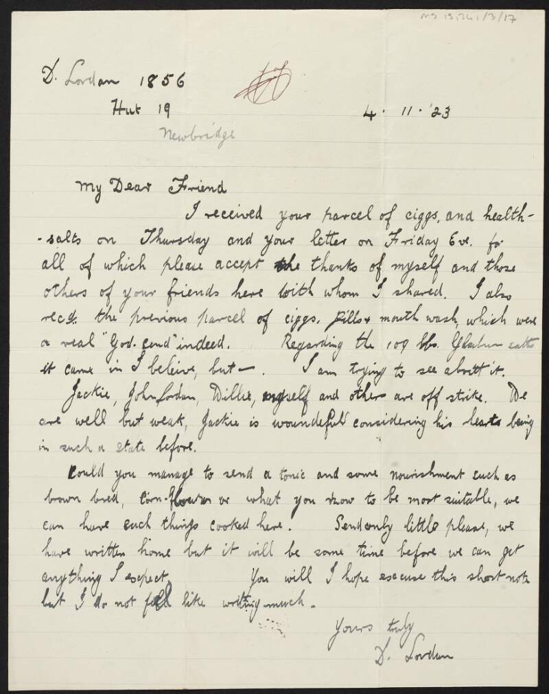 Letter from Denis Lordan, Newbridge Military Barracks, to Dorothy Stopford Price thanking Stopford Price for sending cigarettes and informing her that he has ended his hunger strike,