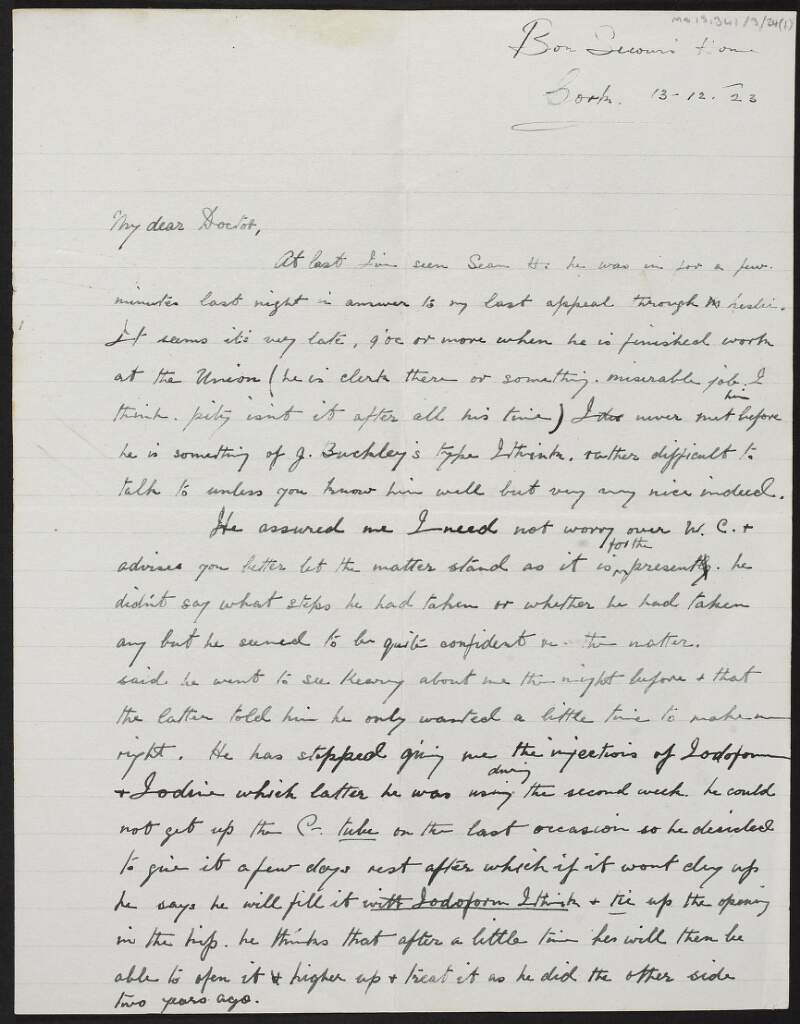 Letter from David Crowley to Dorothy Stopford Price regarding his medical care and difficulties with having a lack of money,