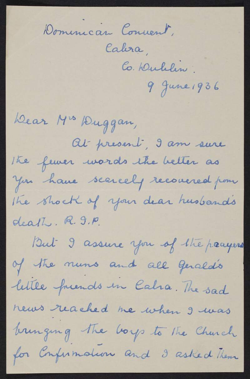 Letter from Sister M. Imelda Joseph, Dominican Convent, Cabra, County Dublin to May Duggan conveying her sympathy following the death of her husband, Éamonn Duggan,