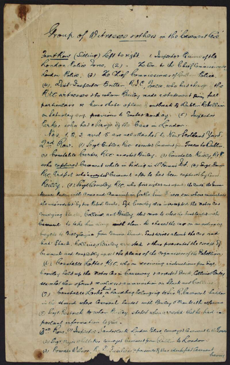 Handwritten account titled "Group of witnesses & others in the Casement Case",