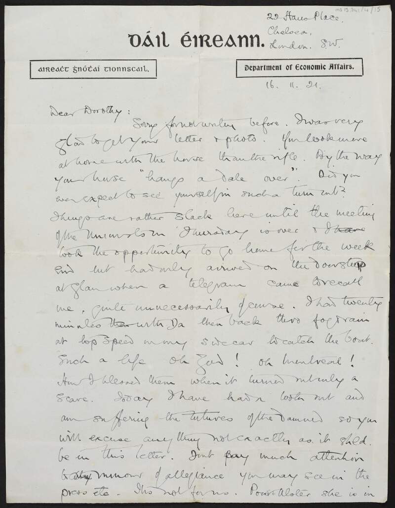 Letter from Robert Barton to Dorothy Stopford Price with references to the negotiation of the Anglo-Irish Treaty,