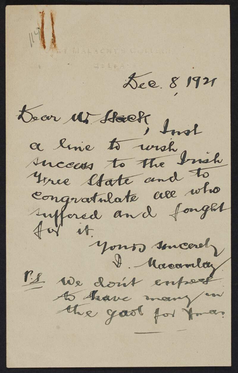 Letter from unidentified person to Austin Stack wishing success to the Irish Free State and congratulating those who fought for it,