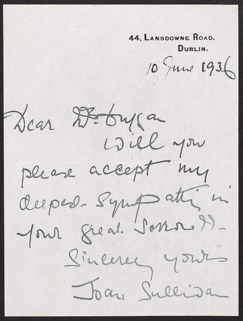 Letter from Joan Sullivan, Lansdowne Road, Dublin to May Duggan offering her deepest sympathy following the death of her husband, Éamonn Duggan,