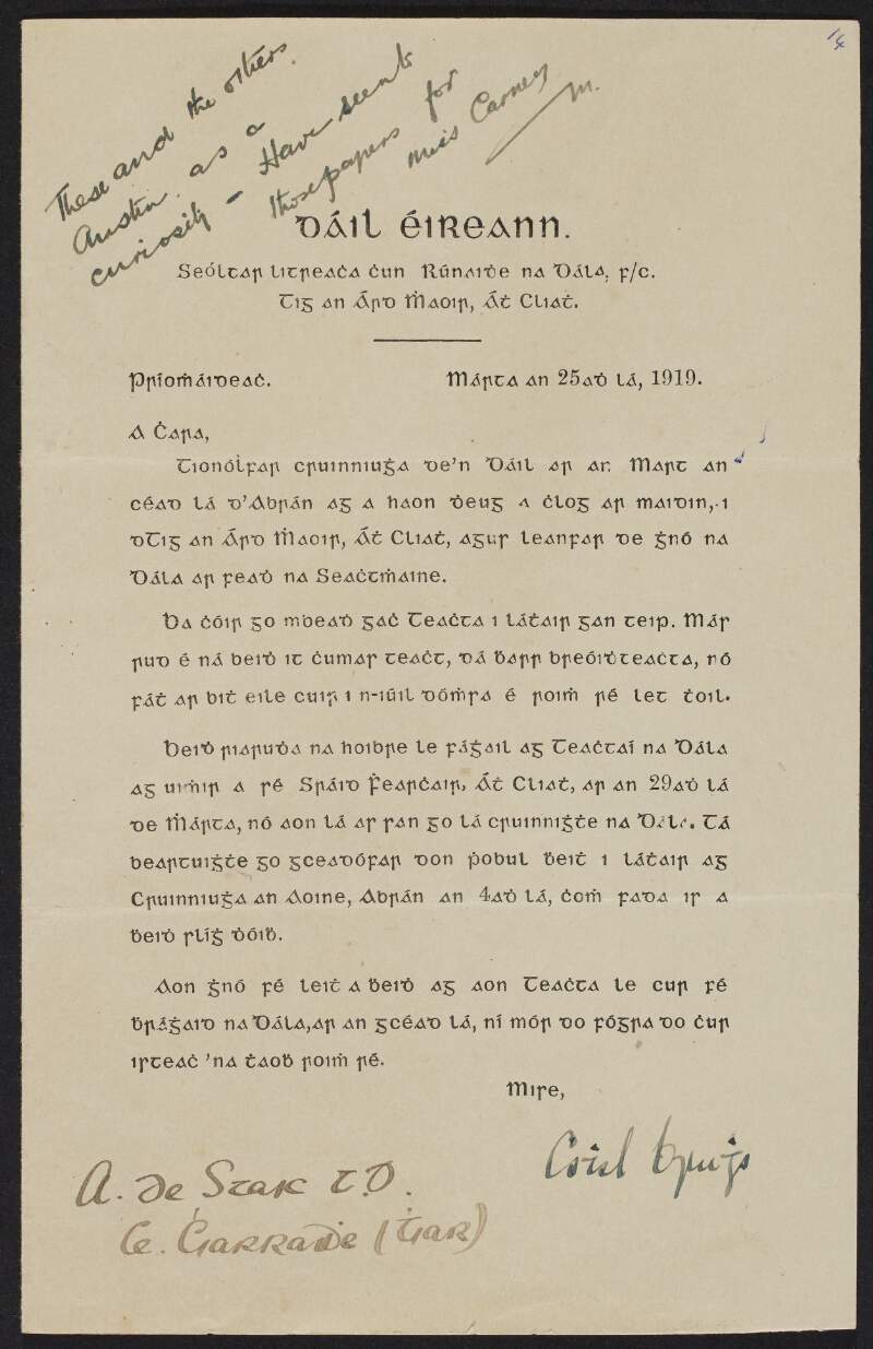 Letter from Cathal Brugha to Austin Stack covering the First Dáil meeting with note by Michael Collins,