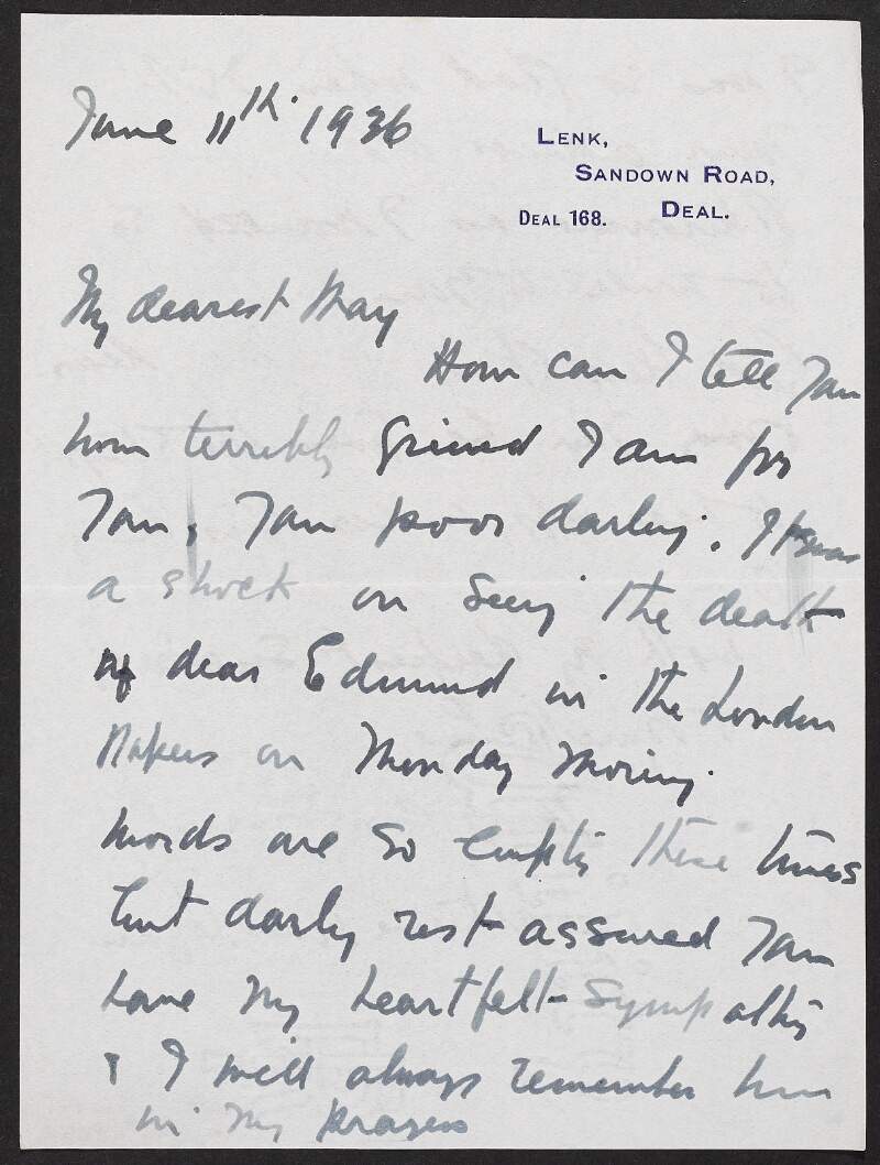 Letter from Katherine Agnes Cogan, Lenk, Sandown Road, Deal, Kent to May Duggan conveying her heartfelt sympathy following the death of her husband, Éamonn Duggan,
