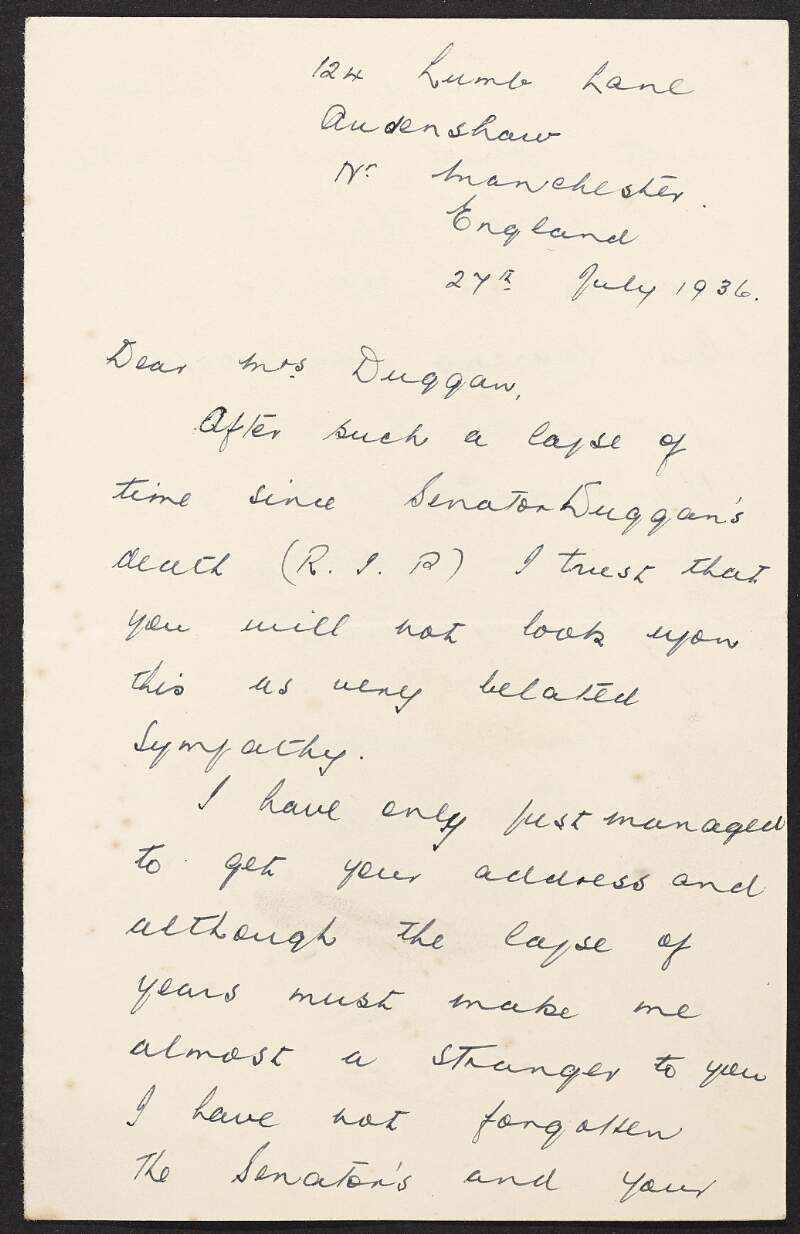 Letter from B. Harte, Lumb Lane, Audenshaw, Manchester to May Duggan offering her belated sympathy following the death of her husband, Éamonn Duggan,