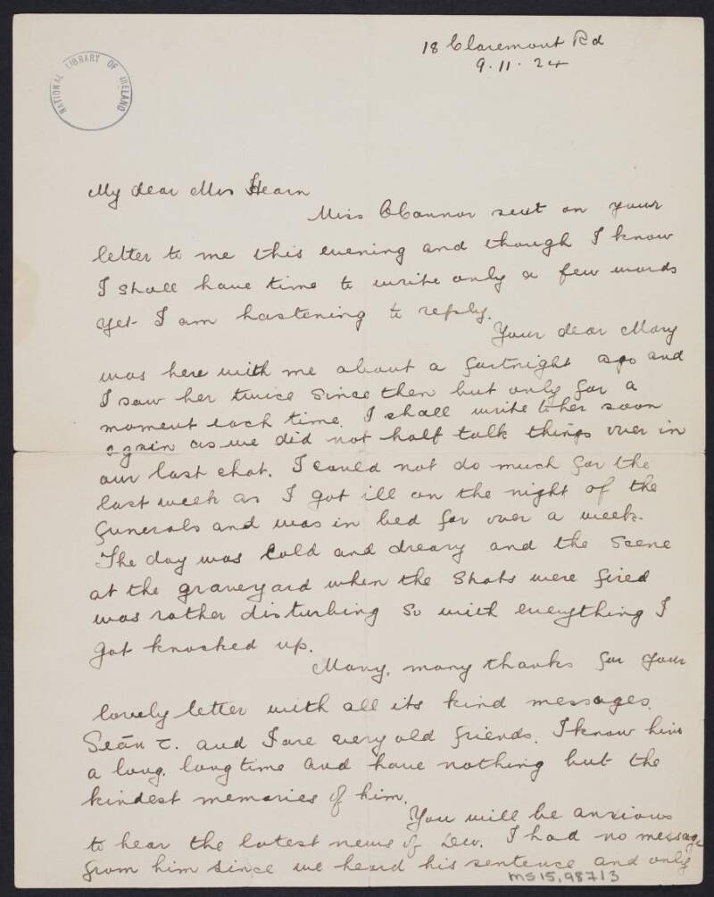 Letter from Sinéad De Valera to Eileen Hearn regarding Seán T. Ó Ceallaigh and the sentencing of Éamon De Valera,