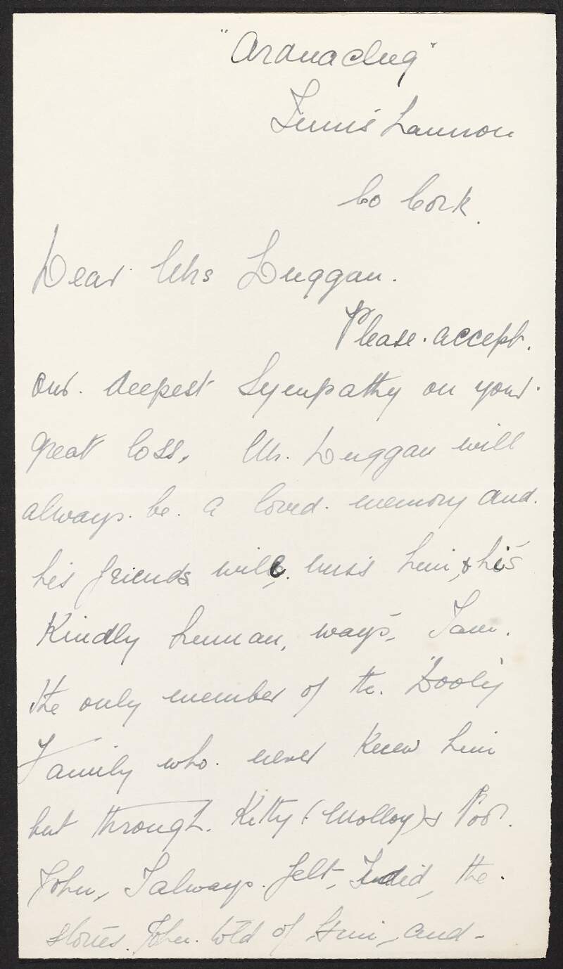 Letter from [Ella T. Smith] to May Duggan asking her to accept her deepest sympathy following the death of her husband, Éamonn Duggan,