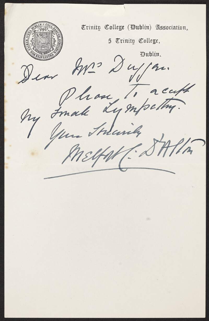 Note from Melfort D'Alton, Trinity College Dublin Association to May Duggan conveying sympathy following the death of her husband, Éamonn Duggan,