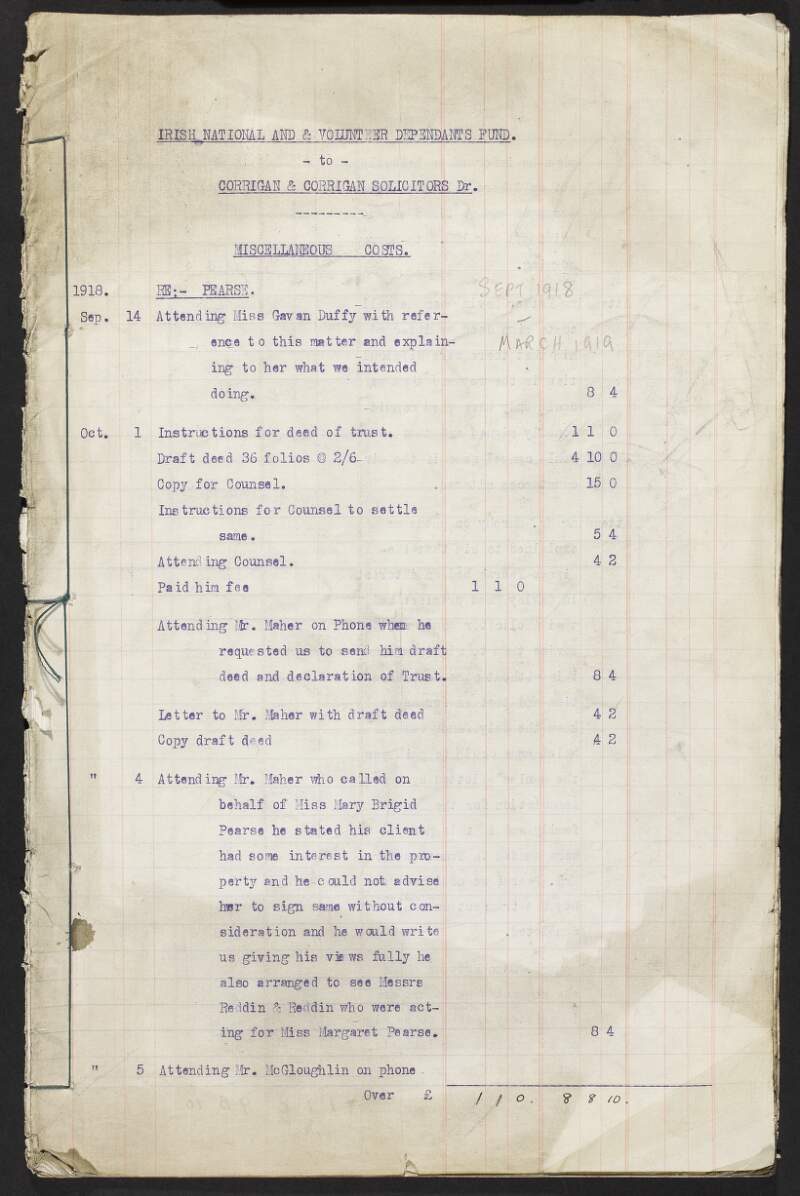Accounts from Corrigan & Corrigan to the INAAVD providing miscellaneous costs from September 1918-March 1919,