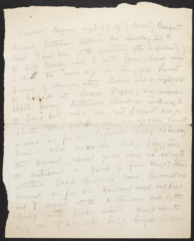 Draft statement of Laurence Byrne, 7 Mount Pleasant Avenue, Rathmines, detailing his experiences during Easter Week, 1916,