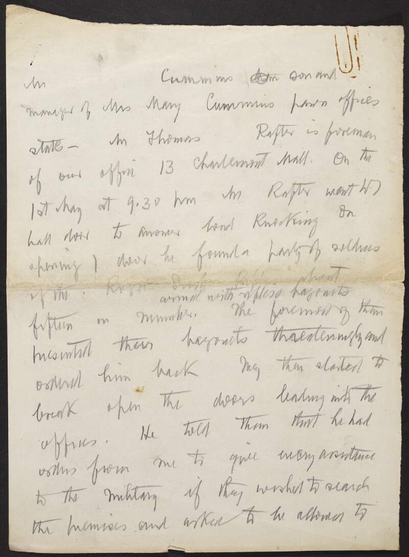 Draft eyewitness account of unidentified person of their experience during Easter Week, 1916,