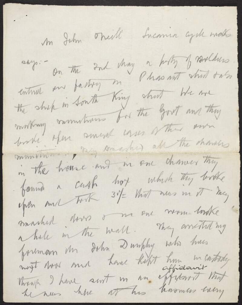 Draft eyewitness account of John O'Neill detailing his experience with soldiers in the aftermath of Easter Week, 1916,