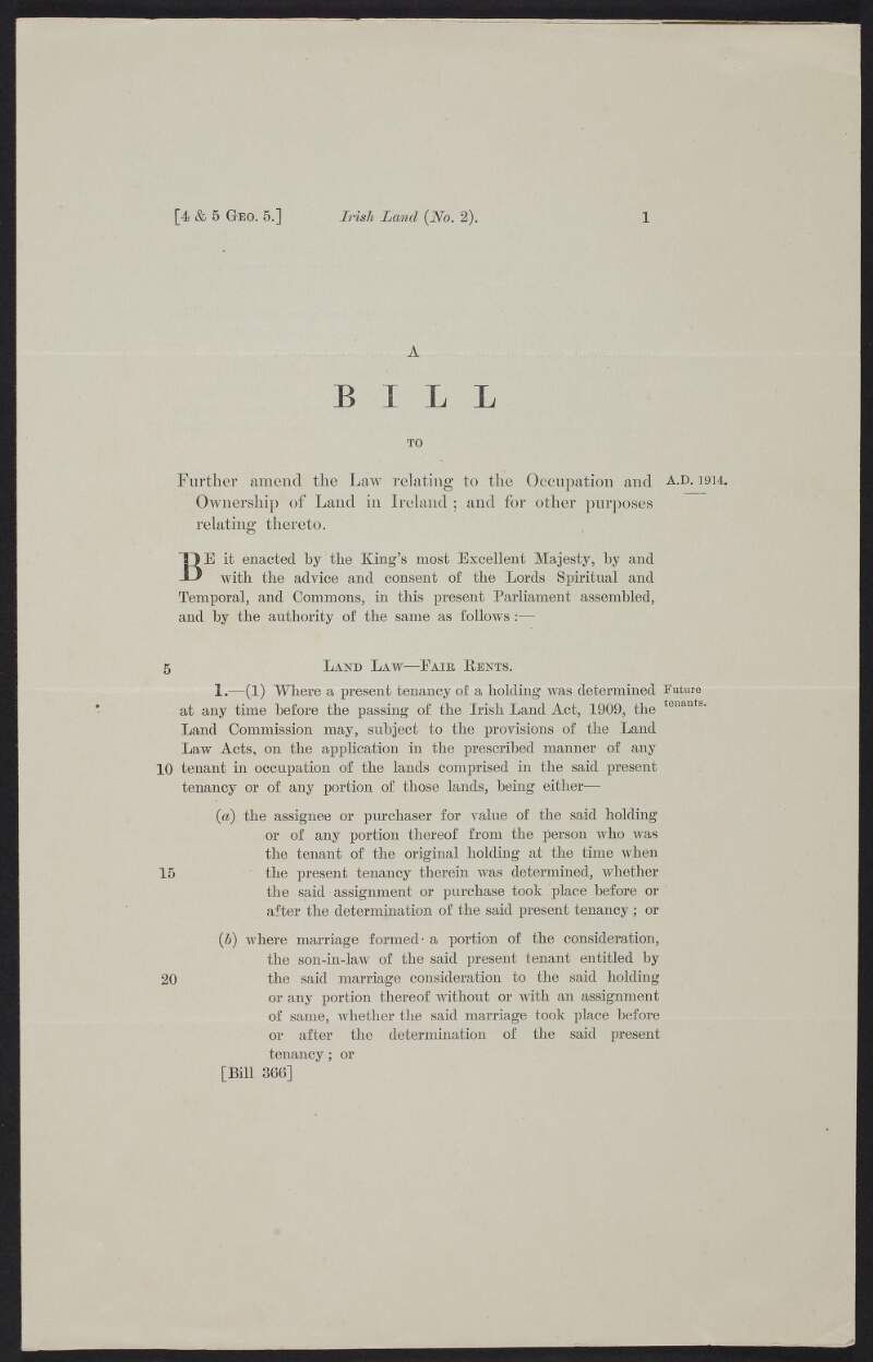 Irish Land (No. 2) : A bill to further amend the law relating to the occupation and ownership of land in Ireland; and for other purposes relating thereto. /