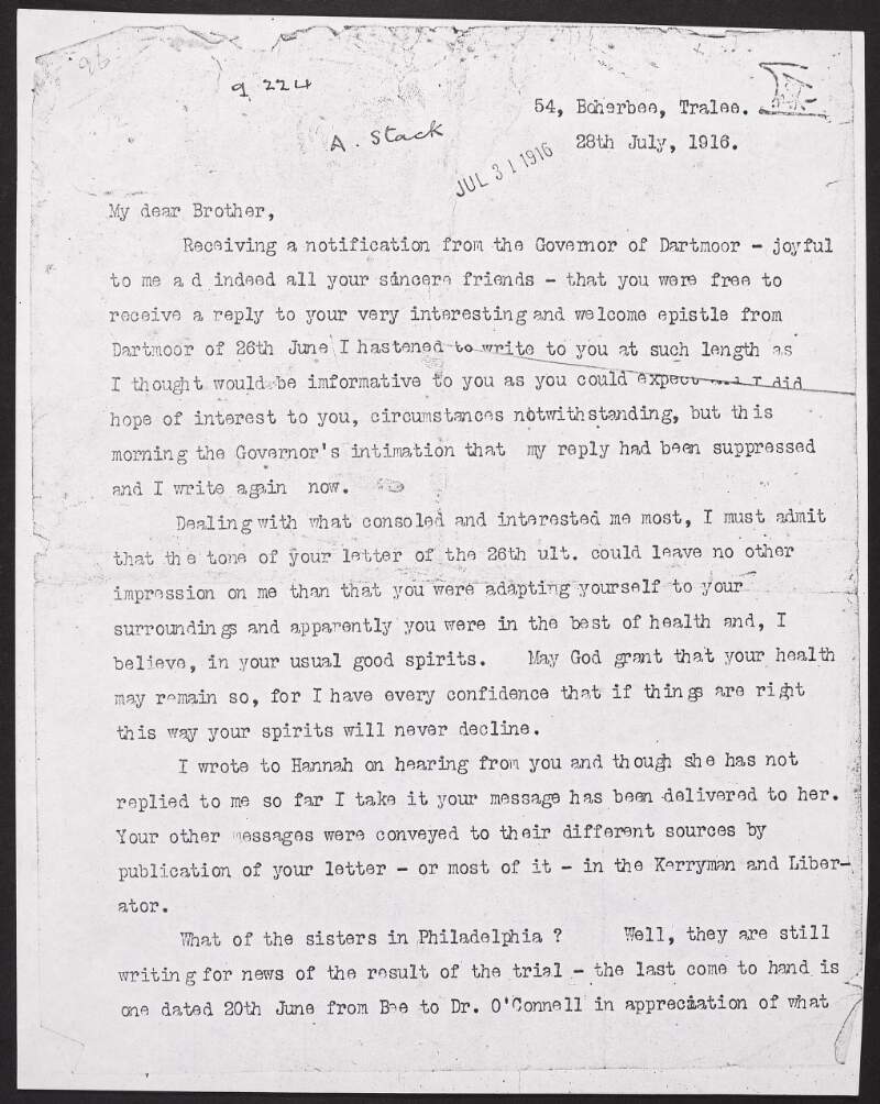 Photocopy letter from Nicholas Stack to his brother Austin Stack in Dartmoor Prison,