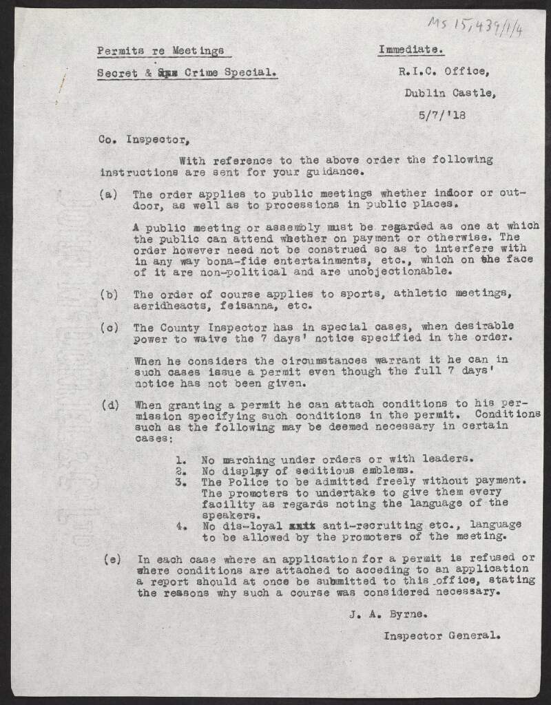 Circular memo from J.A. Byrne, Inspector General to the Royal Irish Constabulary Office, Dublin Castle providing instructions regarding meetings,