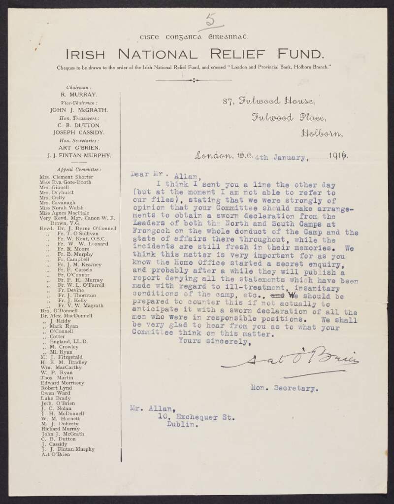 Letter from Art O'Brien, Irish National Relief Fund, to Frederick J. Allan, INAAVD, regarding obtaining statements from former inmates of Frongoch on conduct and conditions in which the camp was run,