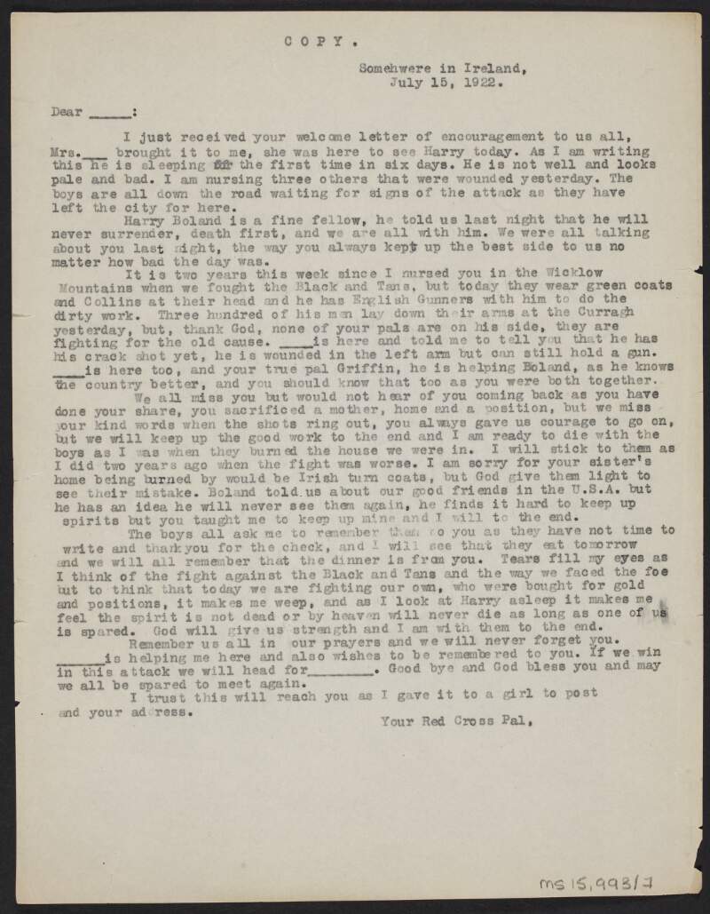 Copy letter from unidentified person to unidentified recipient discussing Harry Boland, the War of Independence and the Civil War,