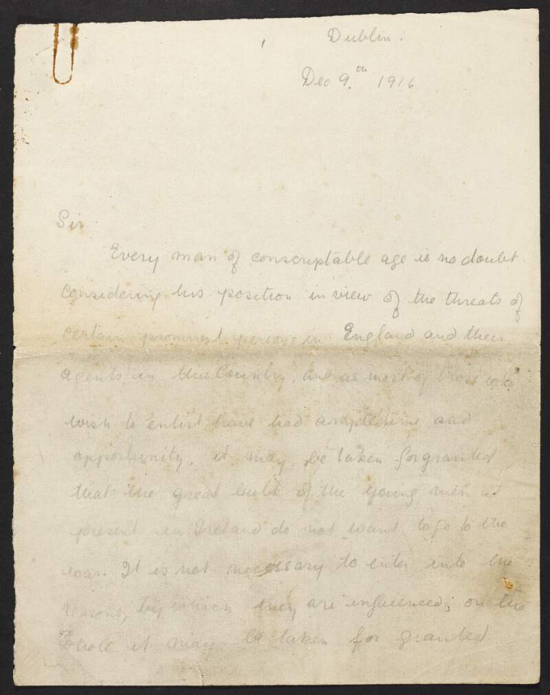 Letter from Maurice Moore to Austin Stack regarding conscription,