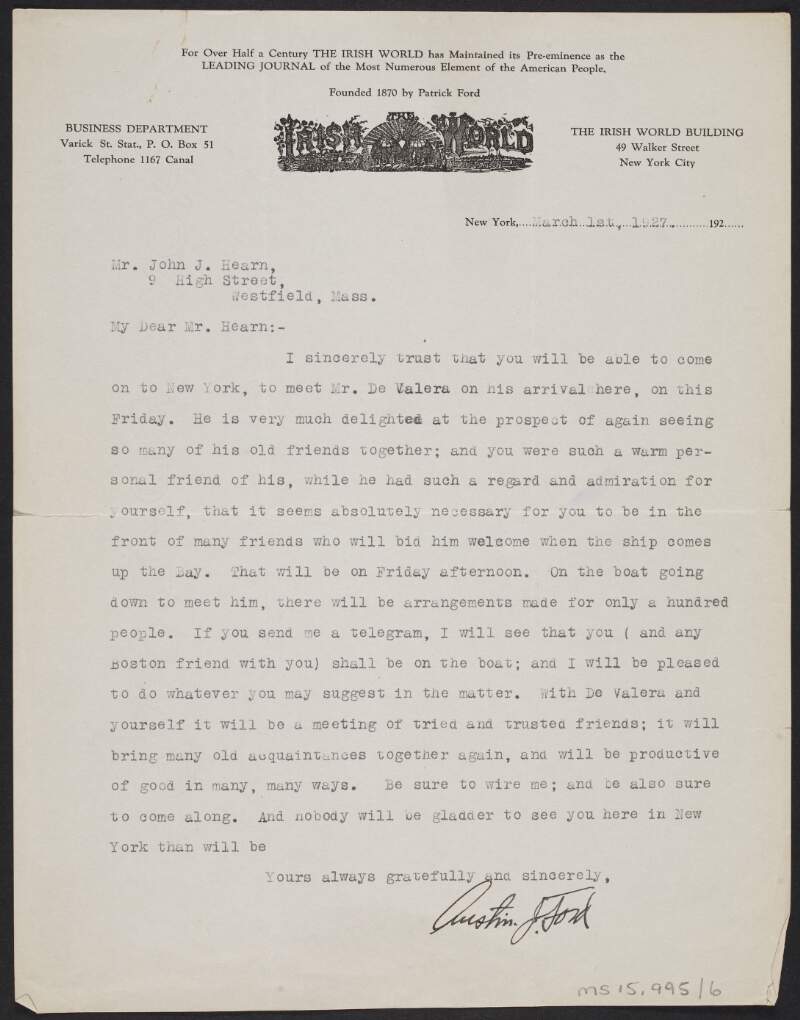 Letter from Austin J. Ford to John J. Hearn regarding a visit by Éamon De Valera to New York,