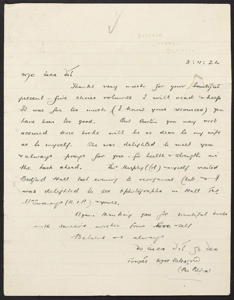 Letter from unidentified person, Listowel, to Austin Stack, thanking him for his gift,