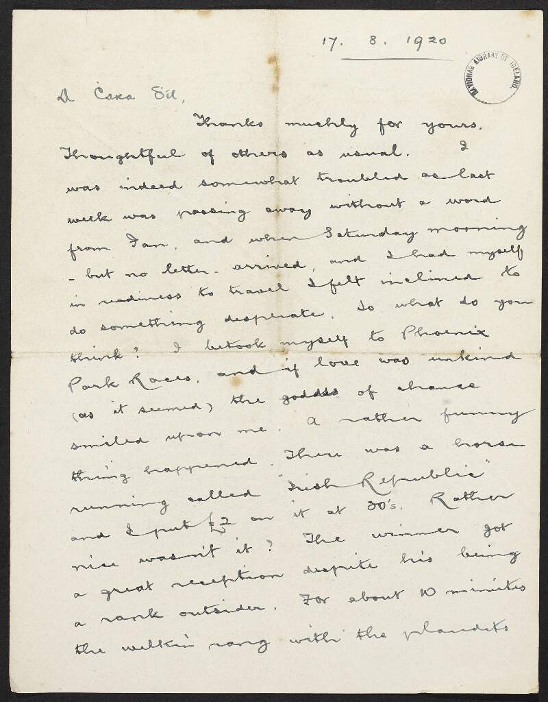 Letter from Austin Stack to Winifred Gordon [Una Stack] regarding his health and travel plans,