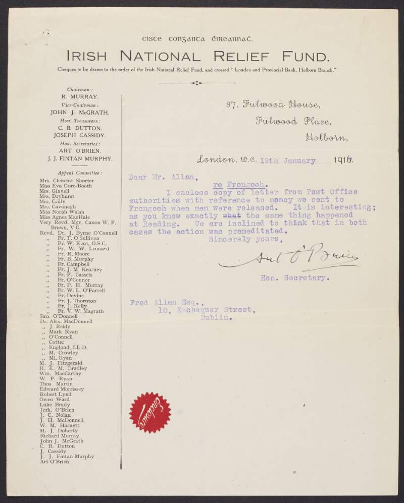 Letter from Art O'Brien, Irish National Relief Fund, to Frederick James Allan, INAAVD, regarding money sent by the former to Frongoch,