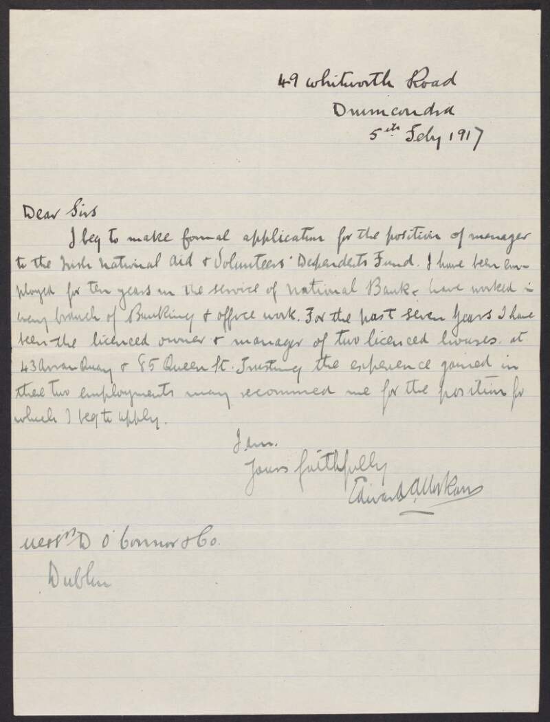 Letter from Edward A. Morkan to Donal O'Connor, INAAVD, applying for the position of Secretary within the INAAVD,