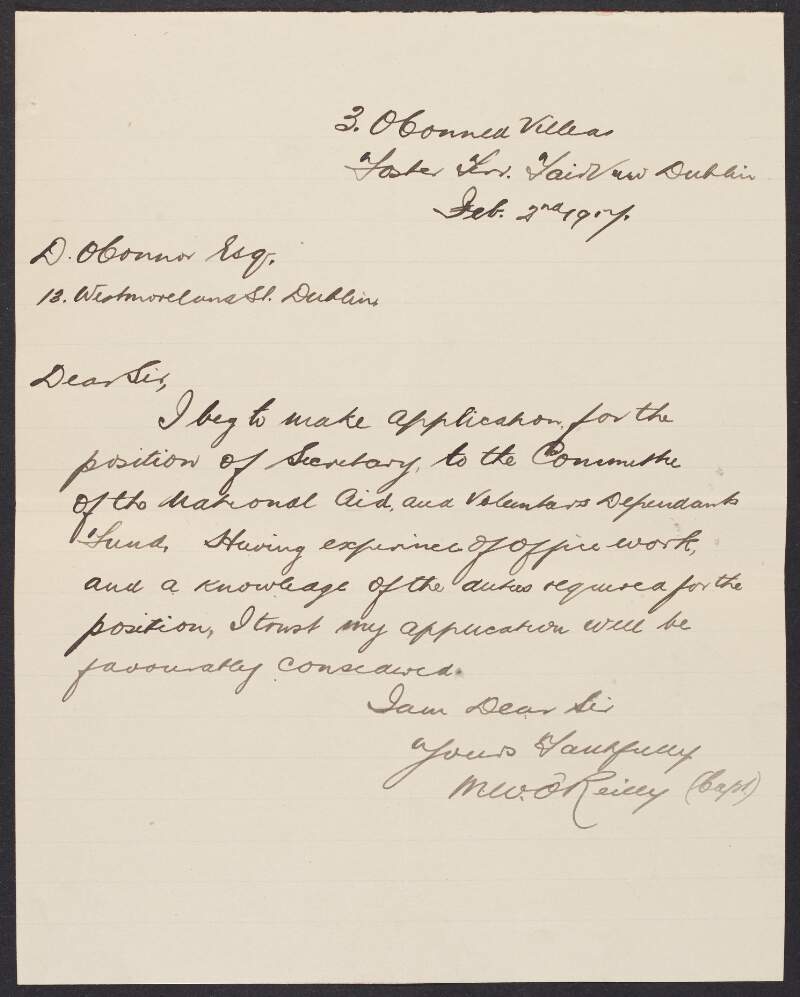 Letter from Captain M. W. O'Reilly to D. O'Connor, INAAVD, applying for the position of Secretary within the INAAVD,