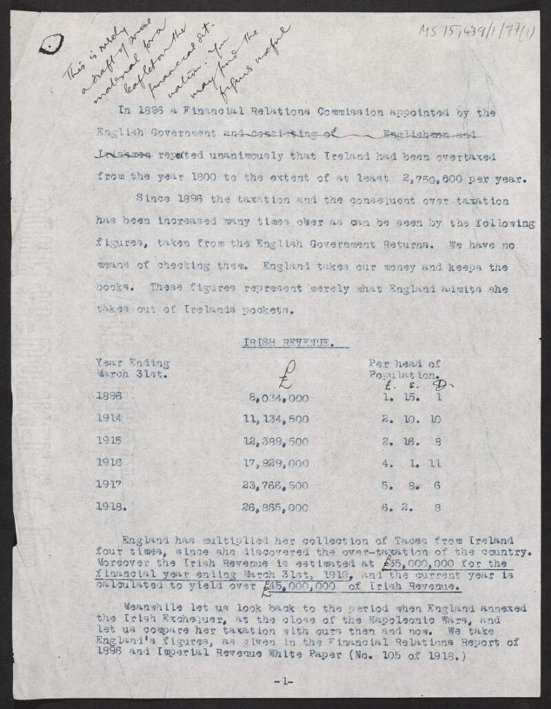 Draft information for a leaflet on the financial situation of Ireland,