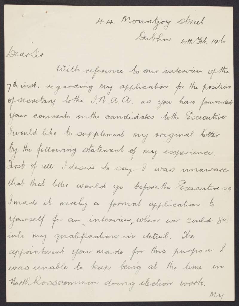 Letter from Michael Collins to Donal O'Connor, INAAVD, outlining experience, and the reason for failure to attend an interview for the position,