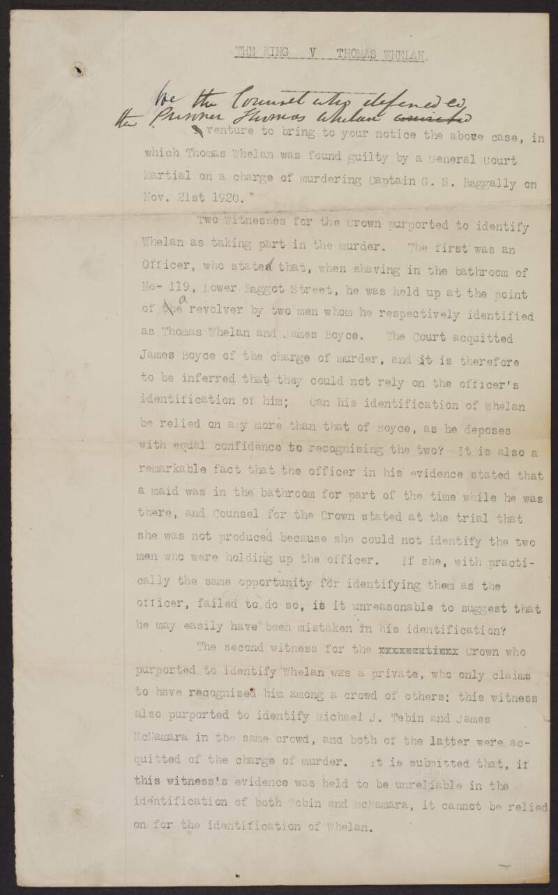 Draft affidavit arguing against Thomas Whelan's death sentence for the murder of Captain G. T. Baggally by discussing several witness testimonies,