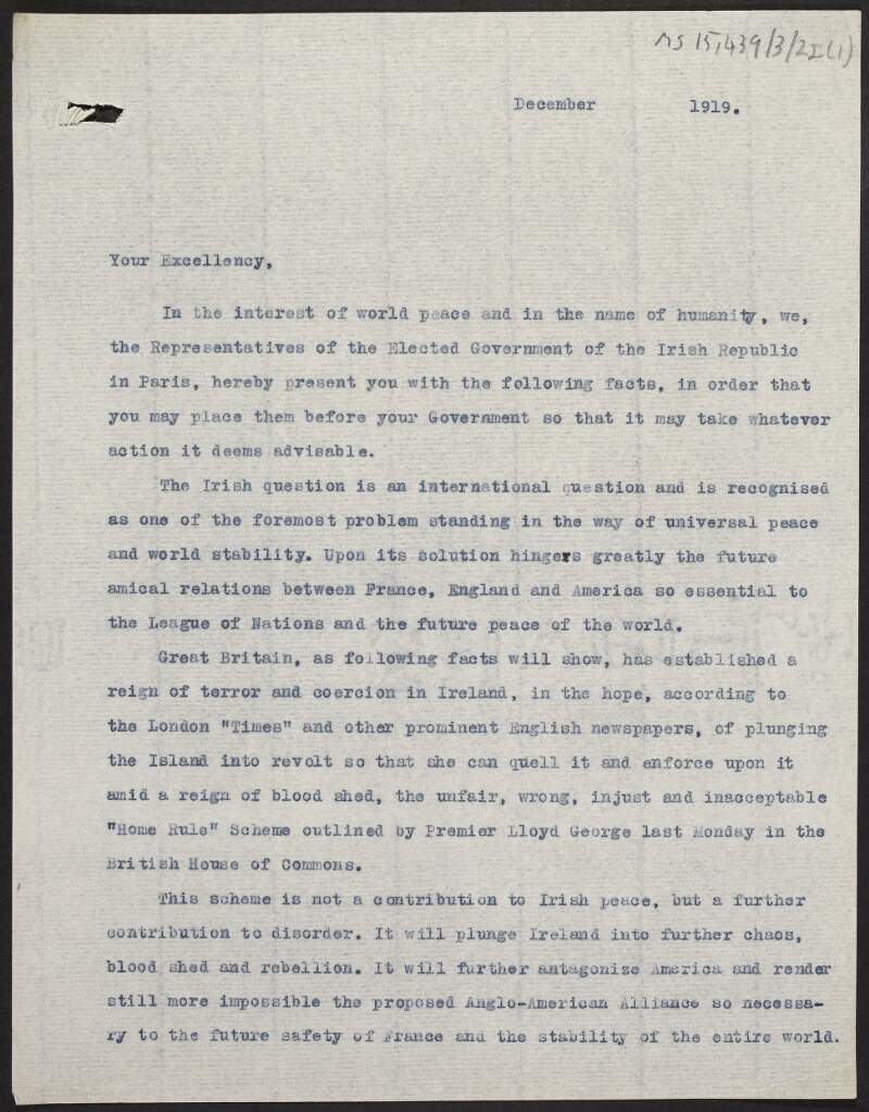 Report by the Representatives of the Elected Government of the Irish Republic in Paris to [Georges Clemenceau] discussing the English Government in Ireland,