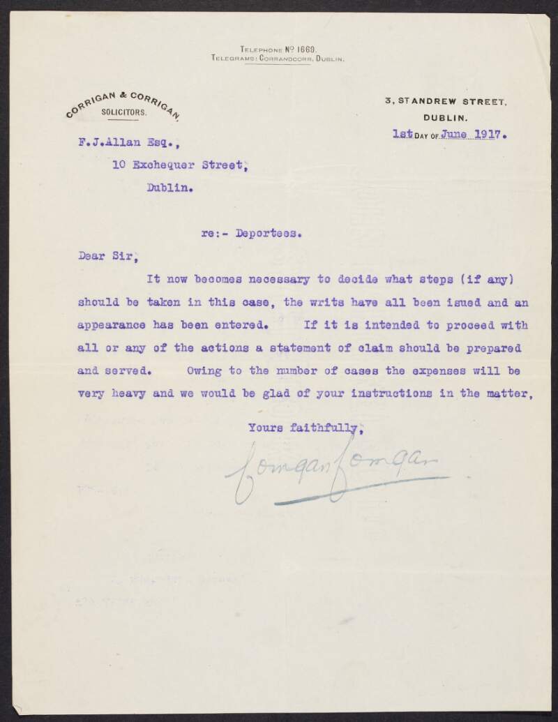 Letter from Corrigan & Corrigan to Frederick James Allan, INAAVD, regarding deportees,