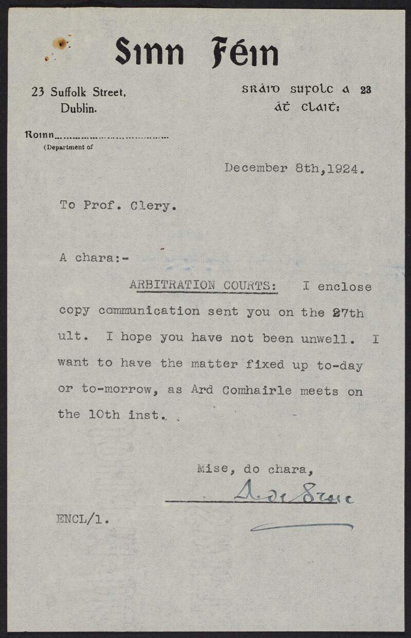 Letter from Austin Stack to Professor Arthur Edward Clery resending letter regarding Arbitration Courts,