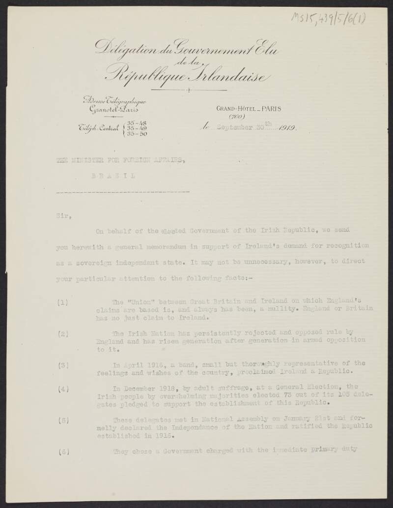 Memo from the Envoys in Paris of the Elected Government of the Irish Republic, George Gavan Duffy and Seán T. Ó Ceallaigh, to the Minister for Foreign Affairs, Brazil, discussing Ireland's demand for recognition as a sovereign independent state,