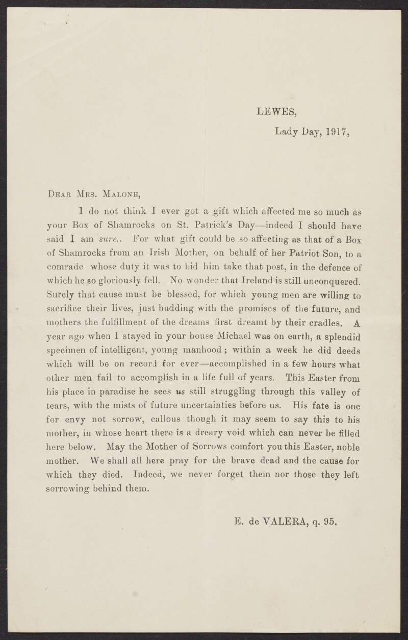 Printed letter from Éamon De Valera, Lewes Prison, to an unidentified recipient regarding the death of her son during the Easter Rising,