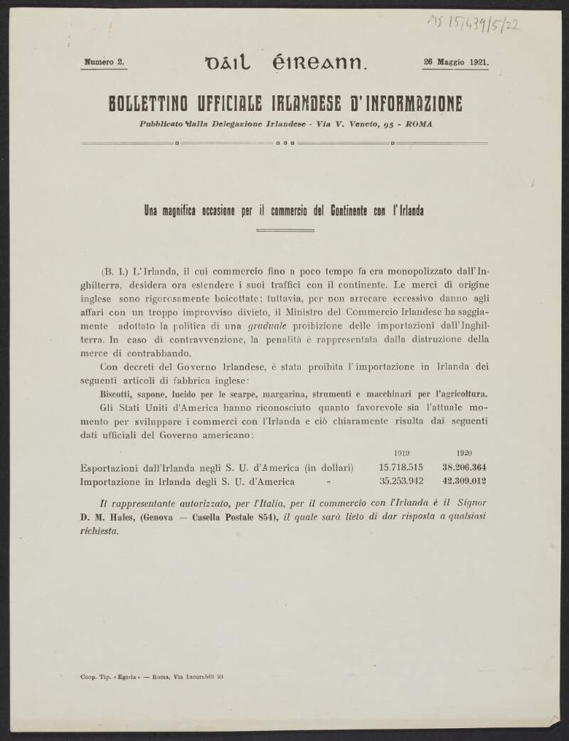 Bulletin titled 'Bollettino Ufficiale Irlandese D'Informazione', No. 2,