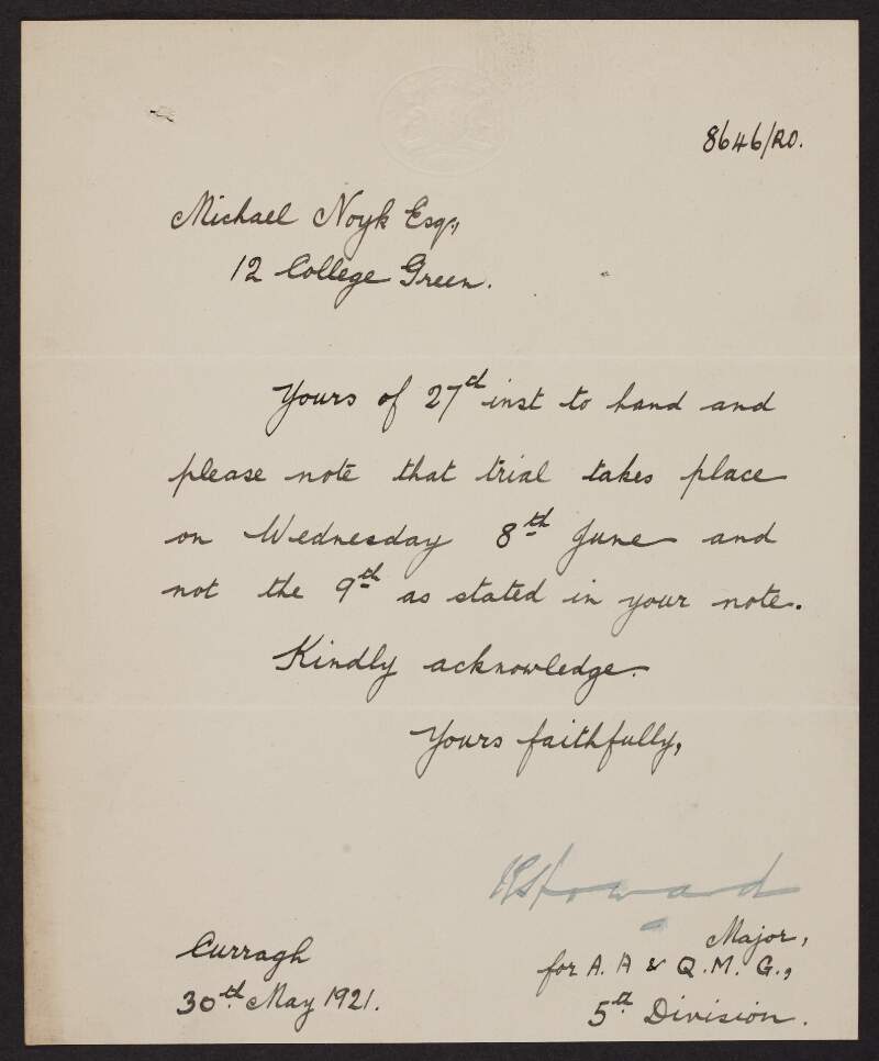 Letter from Major R. Howard to Michael Noyk concerning the date of Seán Mac Eoin's trial,