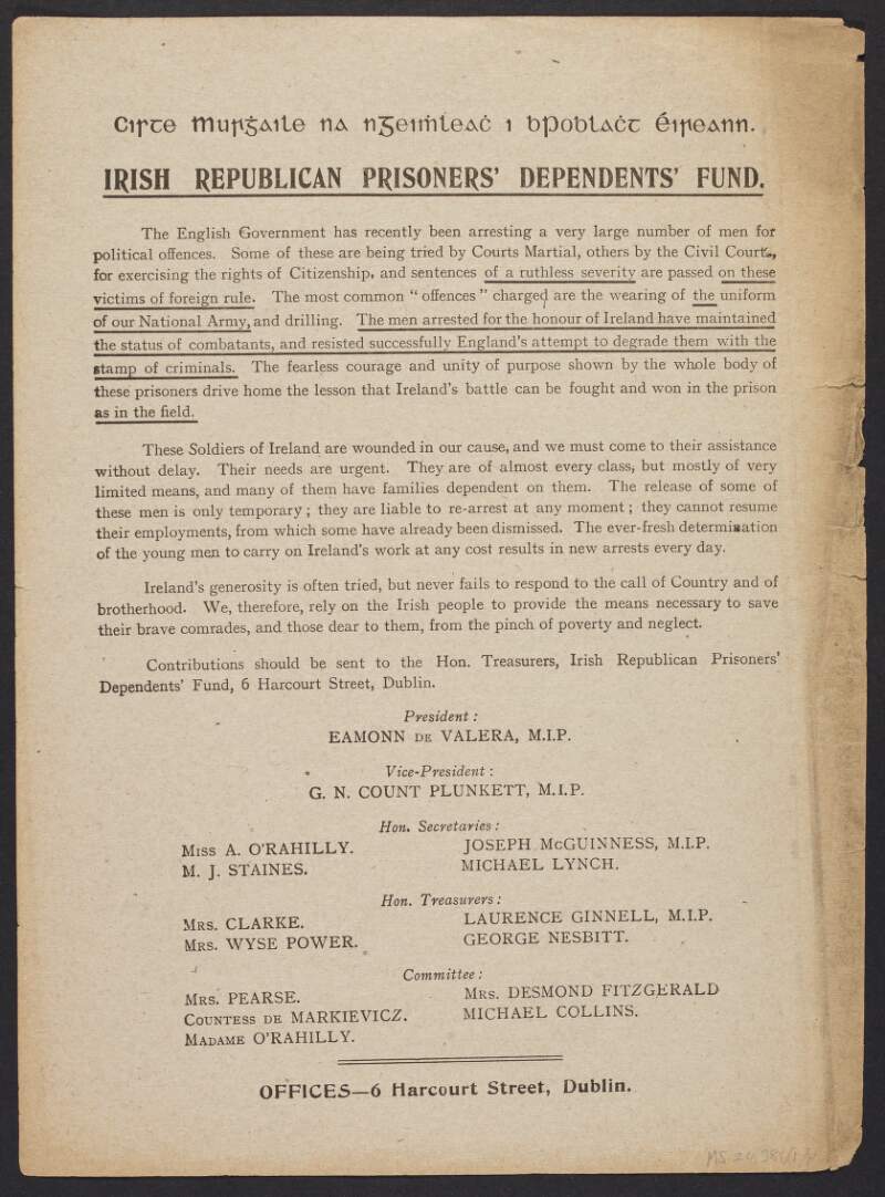 Appeal notice titled "Irish Republican Prisoners' Dependents' Fund",