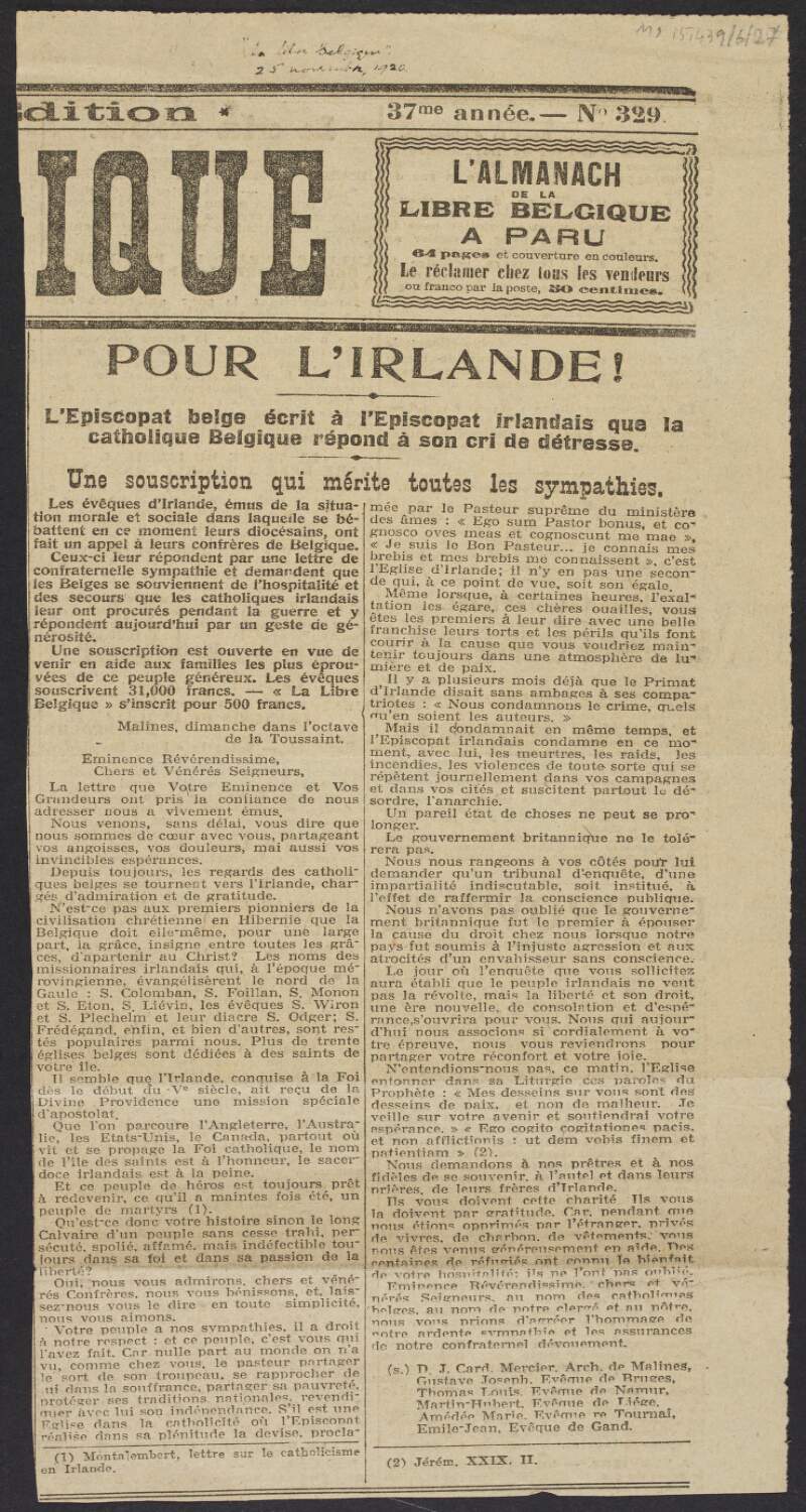 Newspaper extract from 'La Libre Belgique',