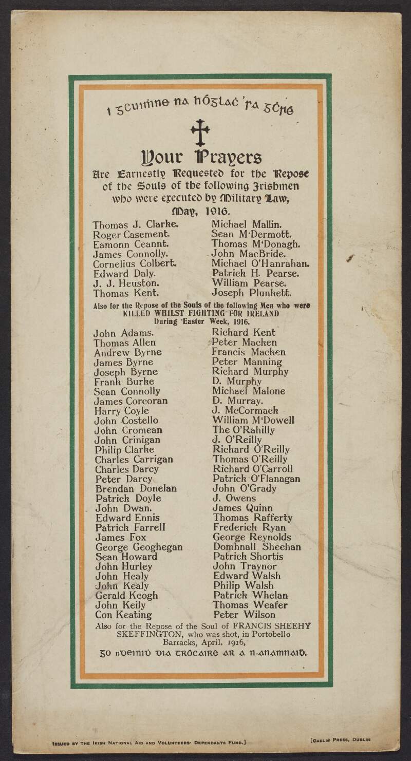 Commemorative list of those who died during or in the aftermath of the Easter Rising,